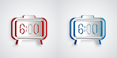 Paper cut Digital alarm clock icon isolated on grey background. Electronic watch alarm clock. Time...