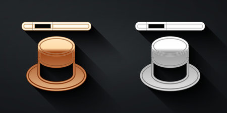 Gold and silver Magic hat and wand icon isolated on black background. Magic trick. Mystery...