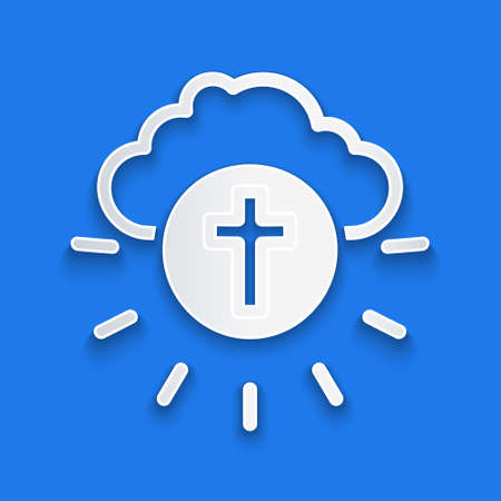 Paper cut Religious cross in the circle icon isolated on blue background. Love of God, Catholic and Christian symbol. People pray for love and peace. Paper art style. Vectorのイラスト素材