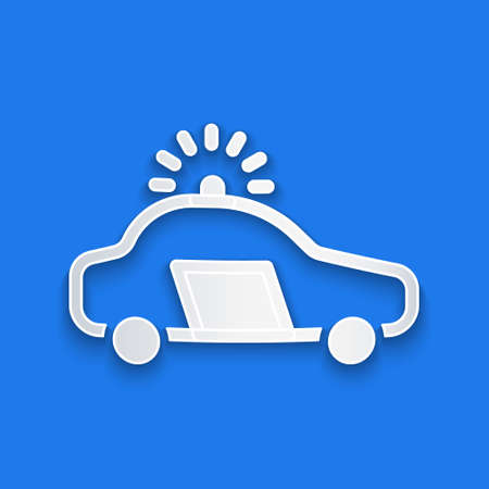 Paper cut Police car and police flasher icon isolated on blue background. Emergency flashing siren. Paper art style. Vectorのイラスト素材