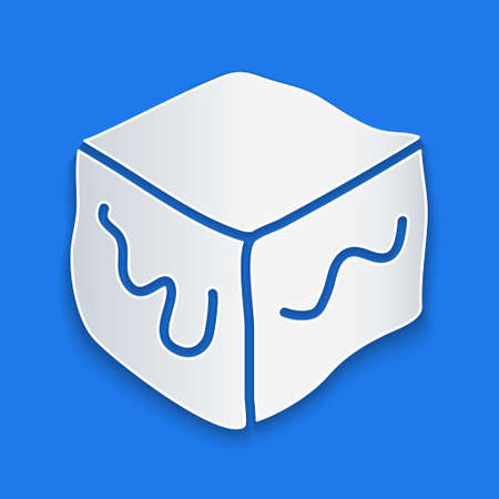 Paper cut Isometric cube icon isolated on blue background. Geometric cubes solid icon. 3D square sign. Box symbol. Paper art style. Vectorのイラスト素材