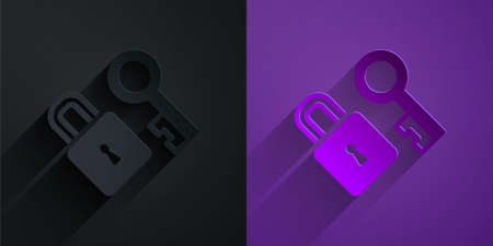 Paper cut Lock with key icon isolated on black on purple background. Love symbol and keyhole sign. Paper art style. Vectorのイラスト素材