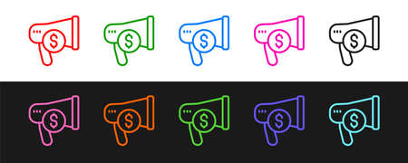 Set line Megaphone and dollar icon isolated on black and white background. Loud speech alert concept. Bullhorn for Mouthpiece scream promotion. Vectorのイラスト素材