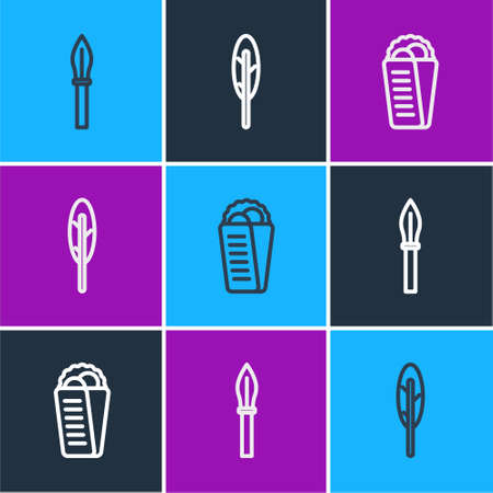 Set line Medieval spear, Gyros Pita Greek and Feather pen icon. Vectorのイラスト素材