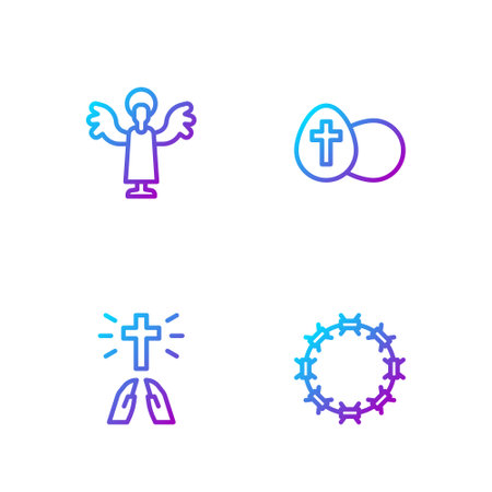 Set line Crown of thorns, Hands in praying position, Angel and Easter egg. Gradient color icons. Vectorのイラスト素材