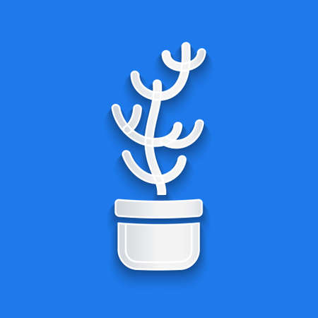 Paper cut Exotic tropical plant in pot icon isolated on blue background. Paper art style. Vectorのイラスト素材