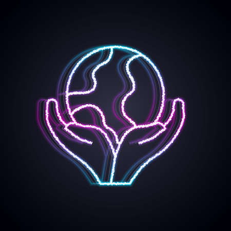 Glowing neon line Human hand holding Earth globe icon isolated on black background. Save earth concept. Vectorのイラスト素材