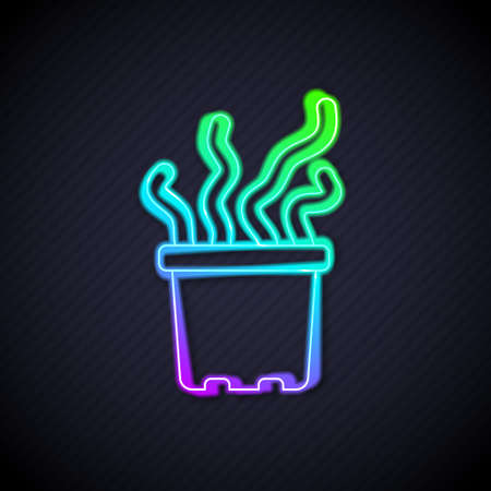 Glowing neon line Exotic tropical plant in pot icon isolated on black background. Vectorのイラスト素材