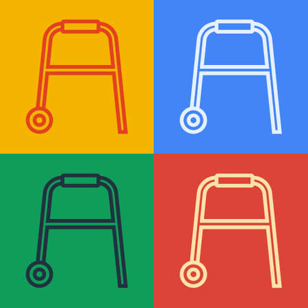 Pop art line Walker for disabled person icon isolated on color background. Vectorのイラスト素材