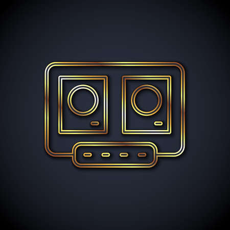 Gold line DJ remote for playing and mixing music icon isolated on black background. DJ mixer complete with vinyl player and remote control. Vectorのイラスト素材