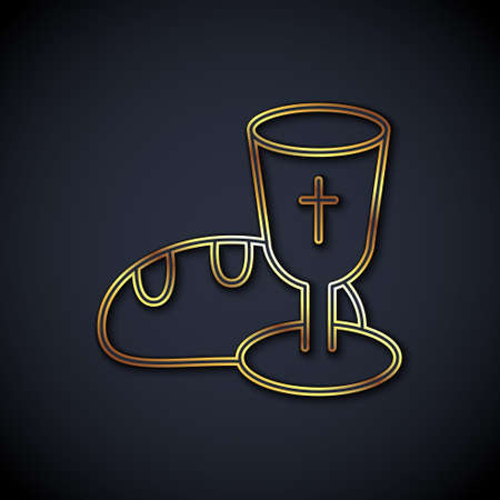 Gold line Goblet and bread icon isolated on black background. Bread and wine cup. Holy communion sign. Vectorのイラスト素材