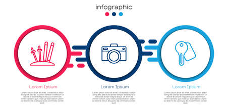 Set line Ski and sticks, Photo camera and Hotel door lock key. Business infographic template. Vectorのイラスト素材