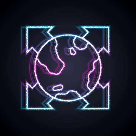 Glowing neon line World globe with compass icon isolated on black background. Vectorのイラスト素材