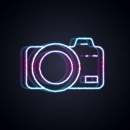 Glowing neon line Photo camera icon isolated on black background. Foto camera. Digital photography. Vectorのイラスト素材