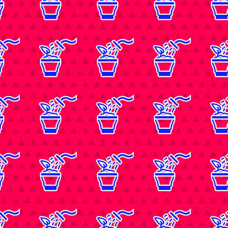 Blue Spraying a house plant with a spray gun icon isolated seamless pattern on red background. Moistening of foliage. Care for home flowers. Vectorのイラスト素材