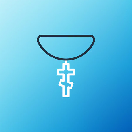 Line Christian cross on chain icon isolated on blue background. Church cross. Colorful outline concept. Vectorのイラスト素材