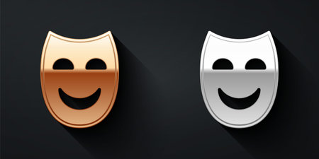 Gold and silver Comedy theatrical mask icon isolated on black background. Long shadow style. Vectorのイラスト素材