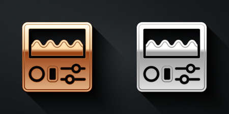 Gold and silver Drum machine icon isolated on black background. Musical equipment. Long shadow style. Vectorのイラスト素材