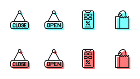 Set line Percent discount and mobile, Hanging sign with Closed, Open and Paper bag bread loaf icon. Vectorのイラスト素材