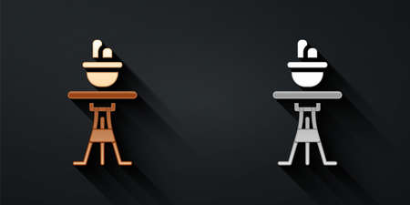 Gold and silver Plant in pot on table icon isolated on black background. Plant growing in a pot. Potted plant sign. Long shadow style. Vectorのイラスト素材