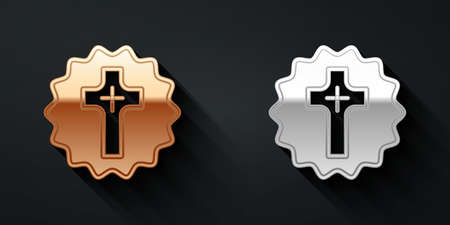 Gold and silver Christian cross icon isolated on black background. Church cross. Long shadow style. Vectorのイラスト素材