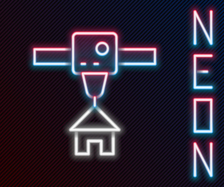Glowing neon line 3D printer house icon isolated on black background. 3d printing. Colorful outline...