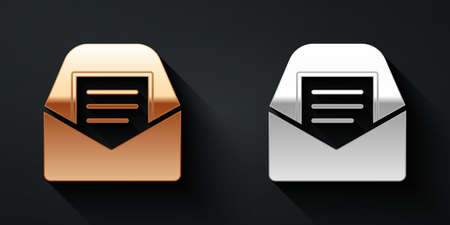 Gold and silver Mail and e-mail icon isolated on black background. Envelope symbol e-mail. Email message sign. Long shadow style. Vectorのイラスト素材