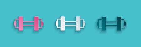 Paper cut Dumbbell icon isolated on blue background. Muscle lifting, fitness barbell, sports...