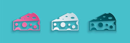 Paper cut Cheese icon isolated on blue background. Paper art style. Vectorのイラスト素材