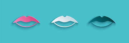 Paper cut Smiling lips icon isolated on blue background. Smile symbol. Paper art style. Vectorのイラスト素材
