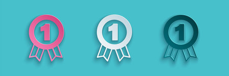 Paper cut Medal icon isolated on blue background. Winner symbol. Paper art style. Vector