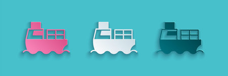 Paper cut Cargo ship with boxes delivery service icon isolated on blue background. Delivery,...