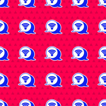 Blue Wi-Fi wireless internet network symbol icon isolated seamless pattern on red background. Vectorのイラスト素材