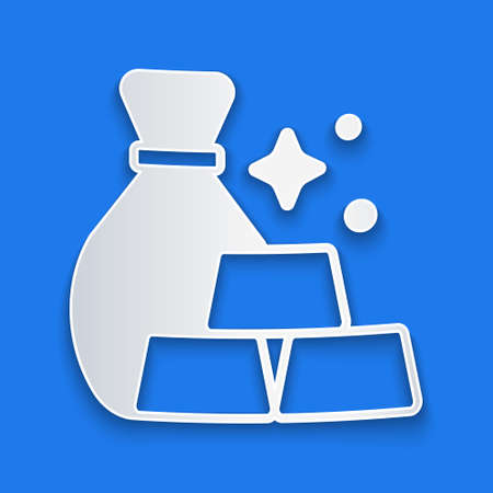 Paper cut Bag of gold bars icon isolated on blue background. Sack with golden bars. Paper art style. Vectorのイラスト素材