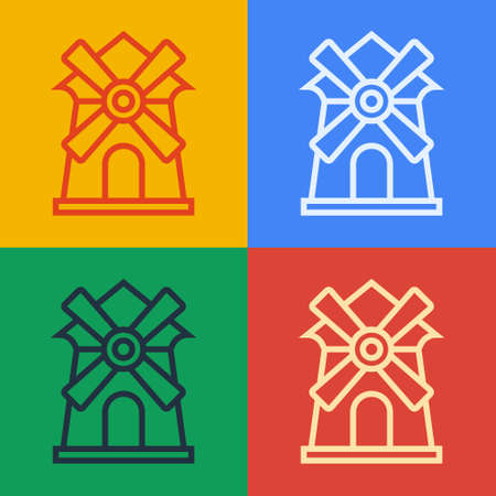 Pop art line Windmill icon isolated on color background. Vectorのイラスト素材