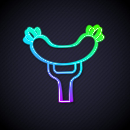Glowing neon line Sausage on the fork icon isolated on black background. Grilled sausage and aroma sign. Vectorのイラスト素材