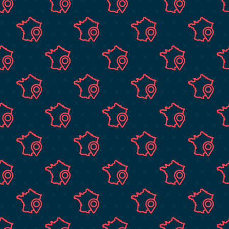 Red line Map of France icon isolated seamless pattern on black background. Vector