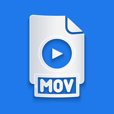 Paper cut MOV file document. Download mov button icon isolated on blue background. MOV file symbol. Audio and video collection. Paper art style. Vectorのイラスト素材