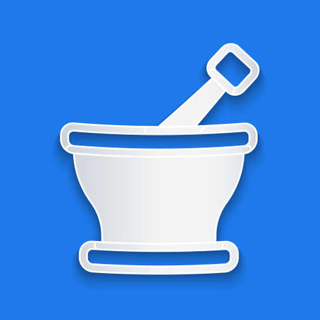 Paper cut Mortar and pestle icon isolated on blue background. Paper art style. Vectorのイラスト素材