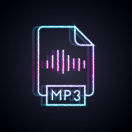 Glowing neon line MP3 file document. Download mp3 button icon isolated on black background. Mp3 music format sign. MP3 file symbol. Vectorのイラスト素材