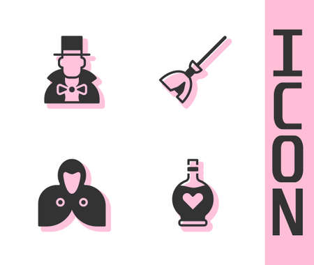 Set Bottle with love potion, Magician, Mantle, cloak, cape and Witches broom icon. Vectorのイラスト素材