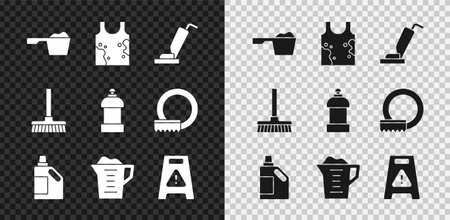 Set Washing powder, Dirty t-shirt, Vacuum cleaner, Bottle for cleaning agent, Wet floor, Handle broom and icon. Vectorのイラスト素材