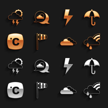 Set Cone windsock wind vane, Umbrella, Rainbow with cloud and rain, Cloud, Celsius, Lightning bolt, Storm and Location icon. Vectorのイラスト素材