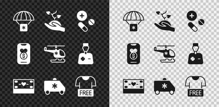 Set Humanitarian aid, Volunteer team planting trees, Medicine pill or tablet, Donation and charity, Emergency car, Clothes donation, and Rescue helicopter icon. Vectorのイラスト素材