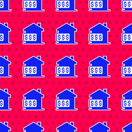 Blue House with dollar symbol icon isolated seamless pattern on red background. Home and money. Real estate concept. Vectorのイラスト素材