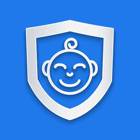 Paper cut Baby on shield icon isolated on blue background. Child safety sign. Paper art style. Vectorのイラスト素材