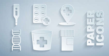 Set Nurse hat with cross, Map pointer hospital, DNA symbol, Medicine bottle, Pills blister pack and Medical digital thermometer icon. Vectorのイラスト素材