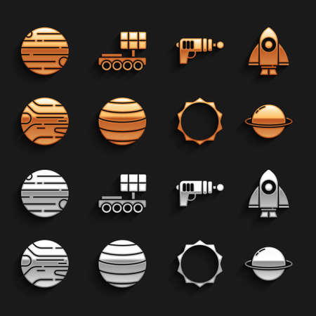 Set Planet Venus, Rocket ship, Saturn, Sun, Ray gun, and Mars rover icon. Vectorのイラスト素材