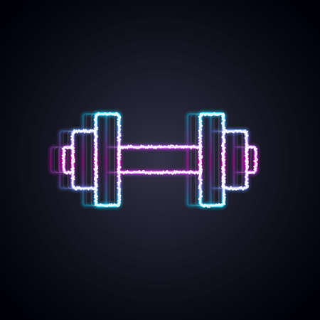 Glowing neon line Dumbbell icon isolated on black background. Muscle lifting, fitness barbell, sports equipment. Vectorのイラスト素材