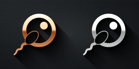 Gold and silver Sperm icon isolated on black background. Long shadow style. Vectorのイラスト素材